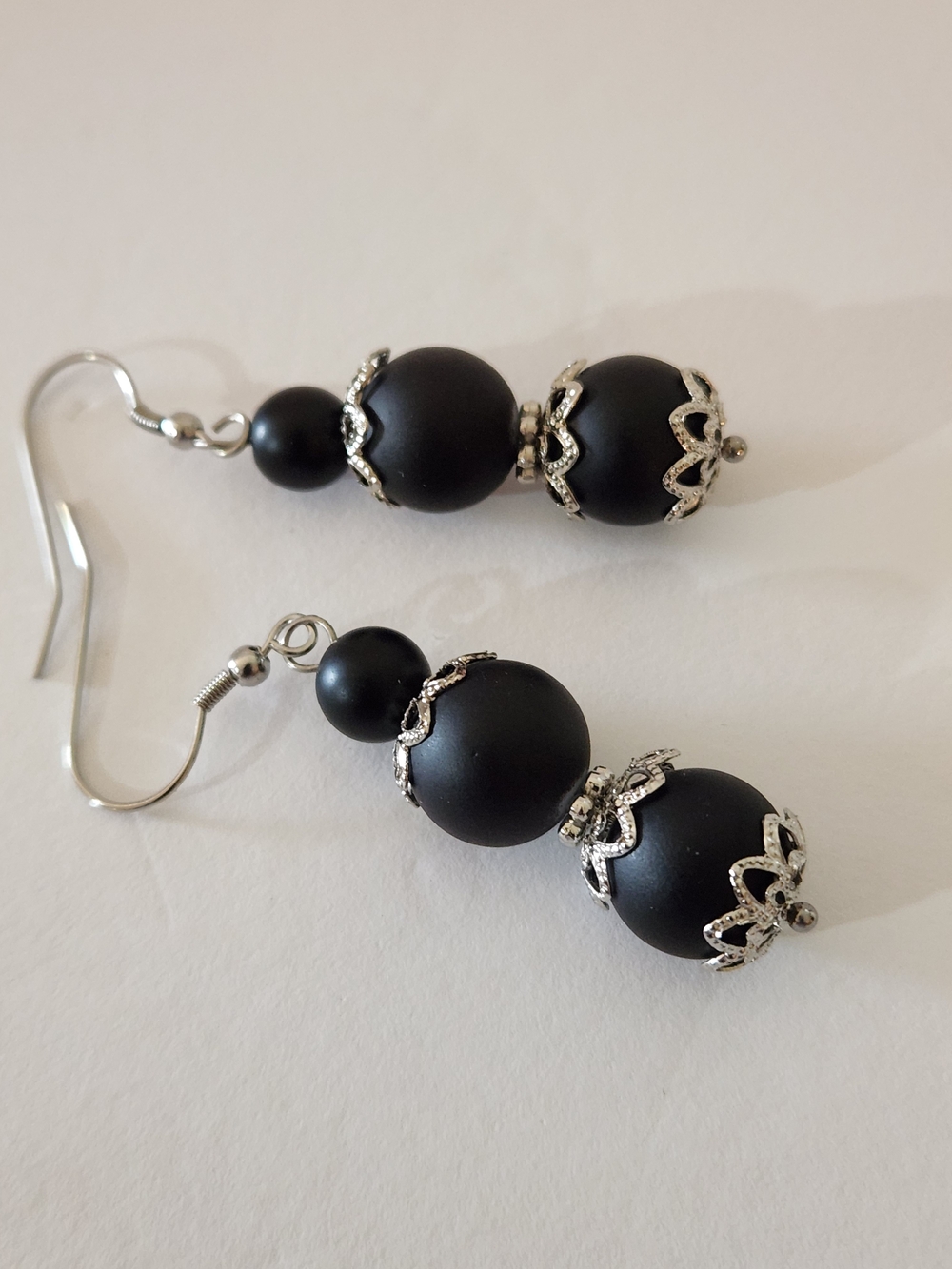 Hand Crafted Black Bead Drop Earrings with Silver Filigree